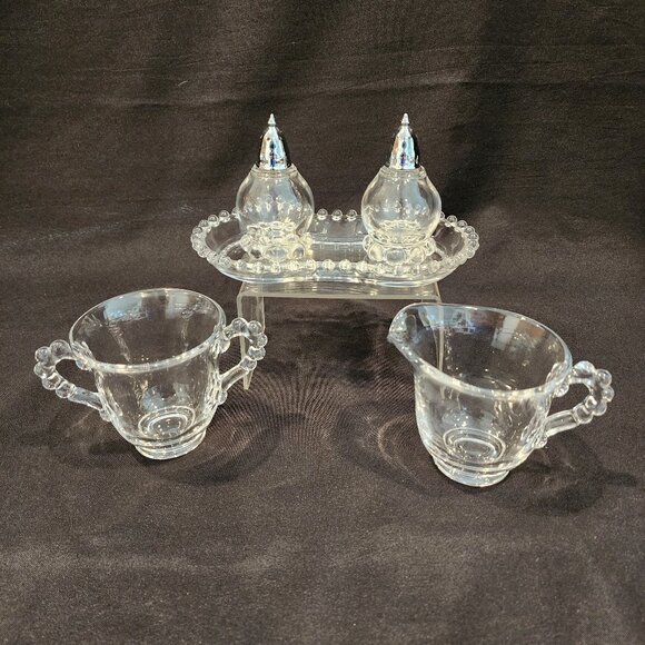 Imperial Glass Candlewick Sugar,Creamer Tray Set Includes Salt and Peppe… - Picture 1 of 13